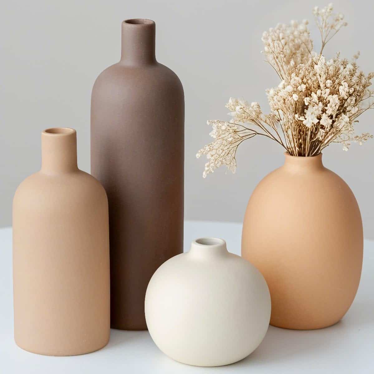 Decorative Ceramic Vase Set, 4-Piece Neutral Tones, Modern Boho Design for Living Room, Entryway, Mantel (Neutral Earth Tone set 4)