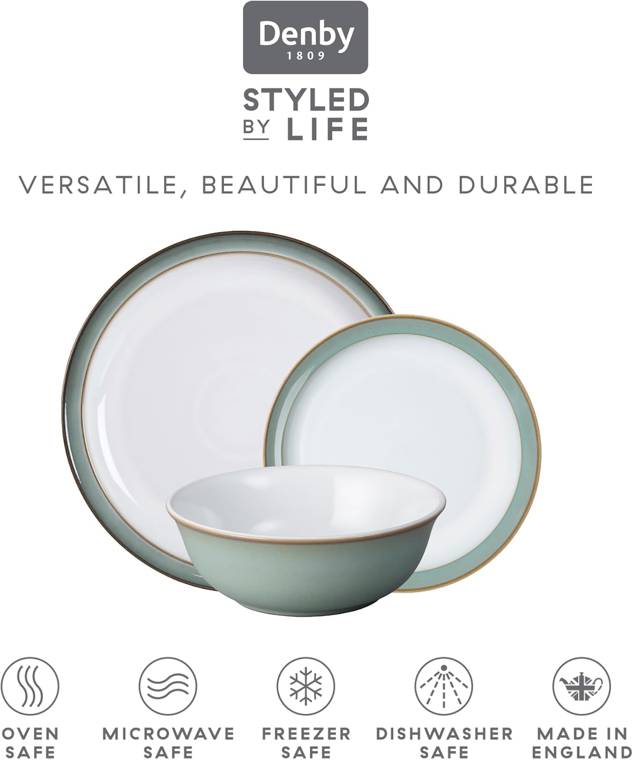 Denby - Regency Green Dinner Set For 4 - 12 Piece Green, White Ceramic Tableware Set - Dishwasher Microwave Safe Crockery Set - 4 x Dinner Plates, 4 x Small Plates, 4 x Cereal Bowls