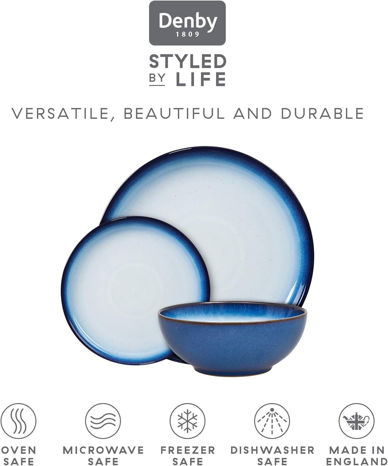 Denby - Blue Haze Dinner Set for 4-12 Piece Ceramic Coupe Tableware - Blue Glaze Plate and Bowl Set - Dishwasher Microwave Safe Crockery - Includes 4 x Dinner Plates, Small Plates, Cereal Bowls