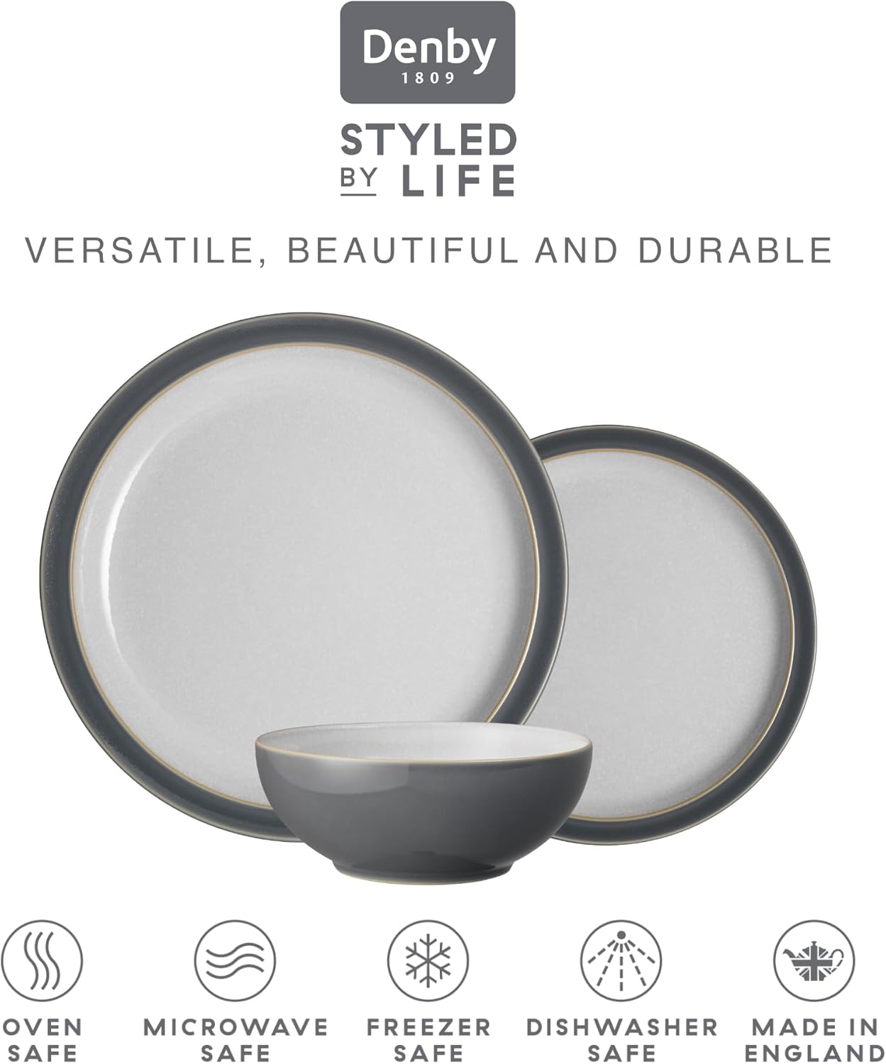 Denby - Elements Fossil Grey Dinner Set For 4 - 12 Piece Ceramic Tableware Set - Dishwasher Microwave Safe Crockery Set - 4 x Dinner Plates, 4 x Medium Plates, 4 x Cereal Bowls