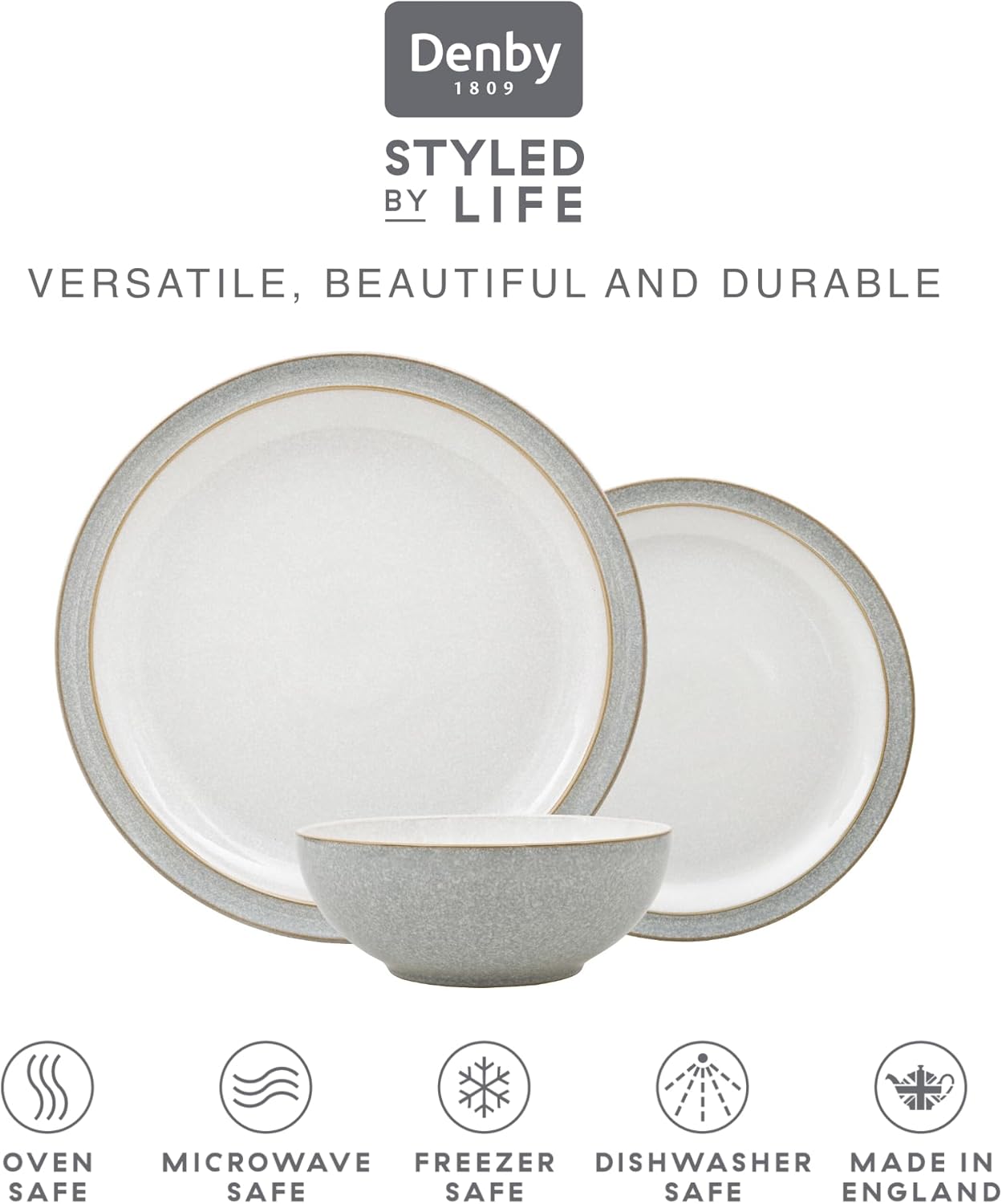 Denby - Elements Light Grey Dinner Set For 4 - 12 Piece Ceramic Stoneware Tableware Plate & Bowl Set - Dishwasher Microwave Safe Crockery - 4 x Dinner Plates, Medium Plates, Cereal Bowls