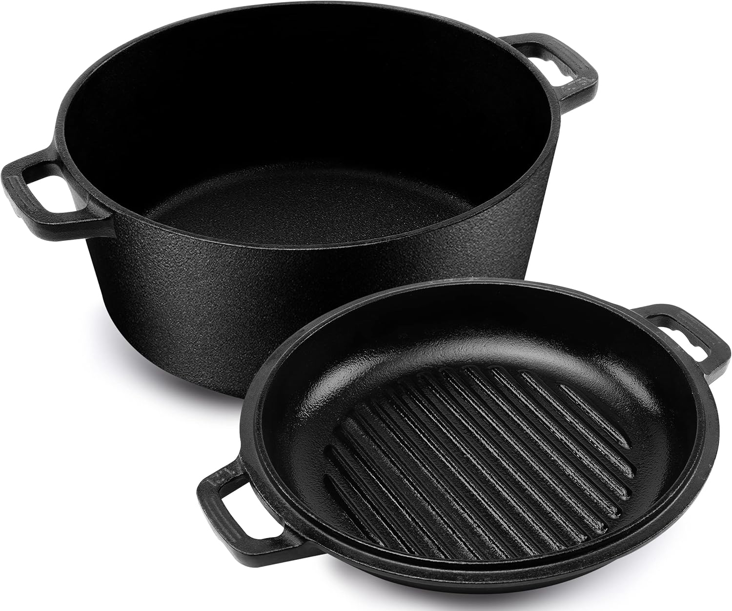 KICHLY 2 in 1 Cast Iron Dutch Oven with Dual Purpose Lid – 4.73 litre Cast Iron Pot with 27 cm Griddle Pan – Pre-seasoned Casserole Dish with Lid, Black
