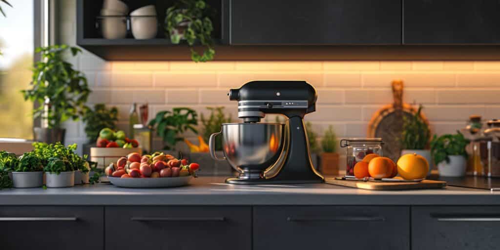 Header image for Kitchen Tools page depicting a mixer plus fruit & vegetables on a worktop